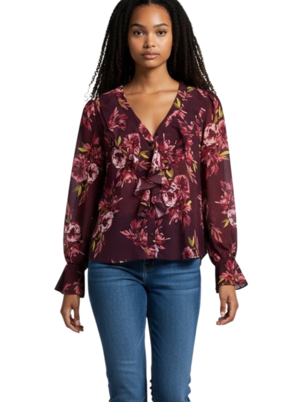 White House Black Market Wine Floral Ruffle V-Neck Blouse